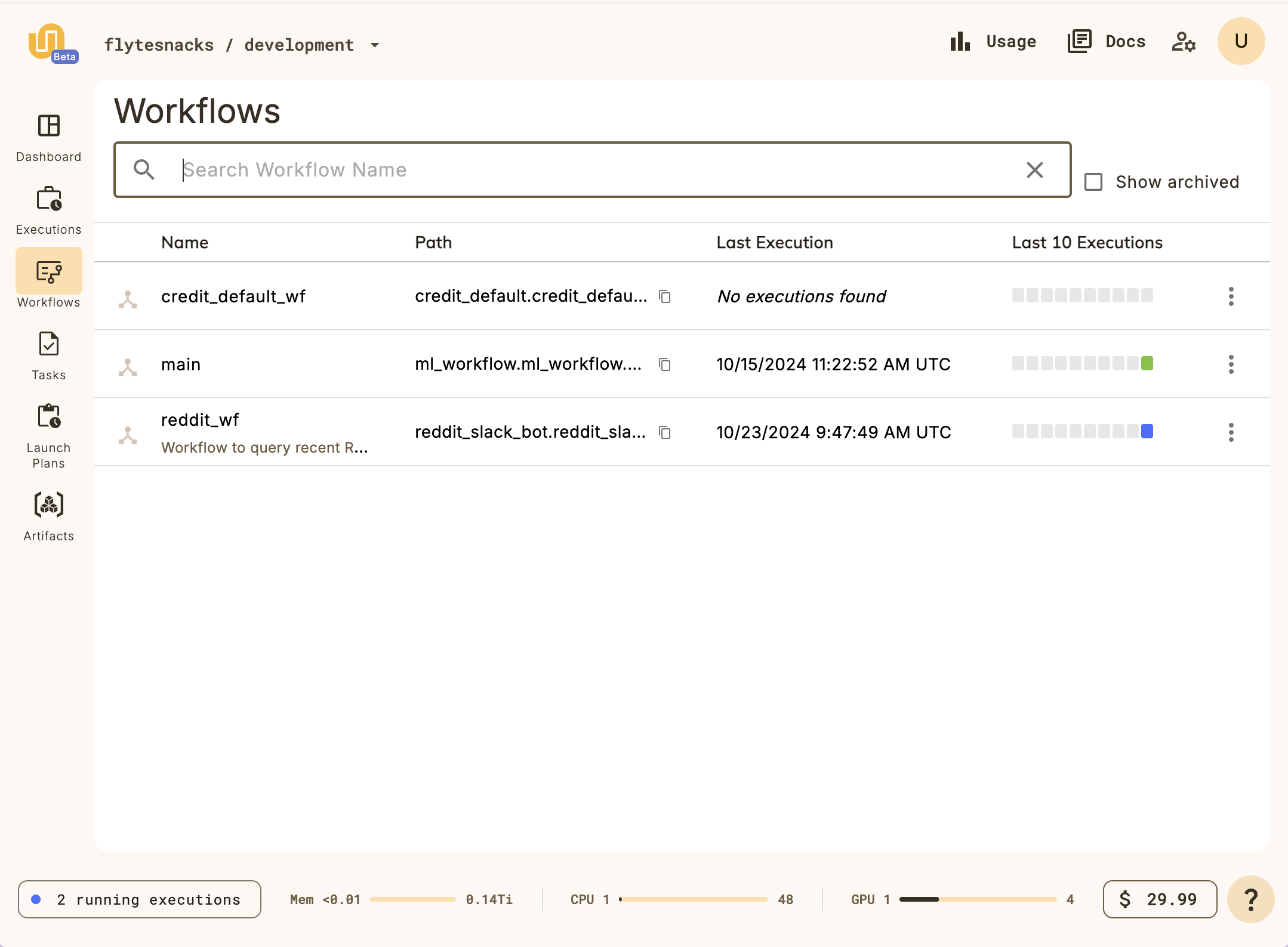 Workflows list