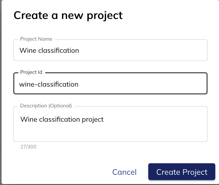 Project creation modal